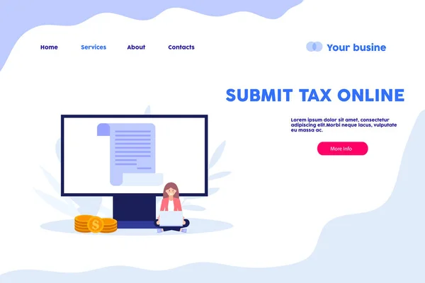 Submit tax online web page.Flat vector illustration isolated on white background. Can use for web banner, infographics, web page. — Stock Vector