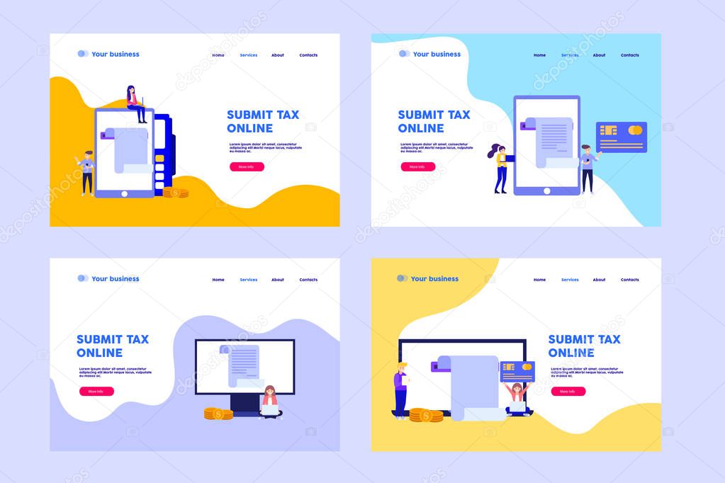 Submit tax online web page.Flat vector illustration isolated on white background. Can use for web banner, infographics, web page.