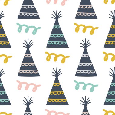 Doğum günü partisi şapkaları elle çizilmiş kusursuz vektör dolgusu. Sevimli çocuksu çizimler. Bebek ambalaj kağıdı, tekstil, vektör illüstrasyonu