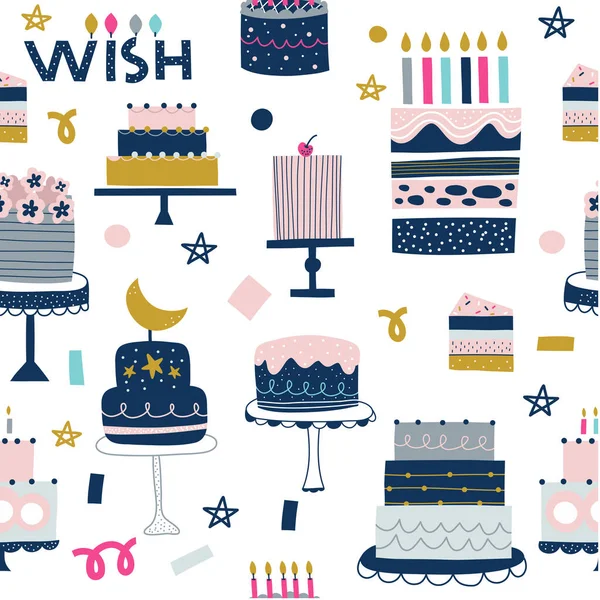 Birthday Cakes Dessert Candles Hand Drawn Seamless Vector Fill Cute — Stock Vector