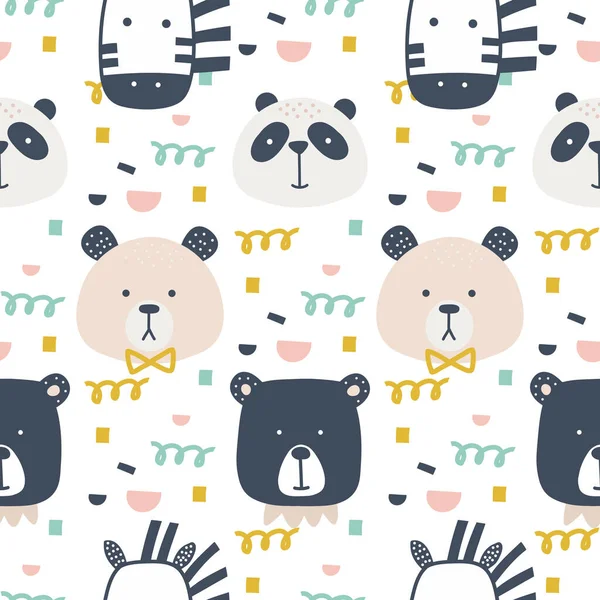 Cute panda, bear, zebra and confetti childish hand drawn seamless vector fill. Baby wrapping paper, textile, vector illustration 