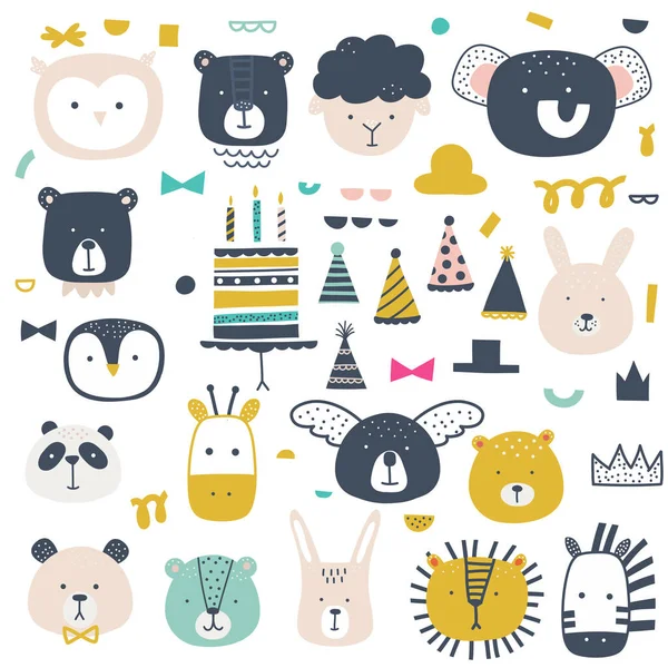 Set Animals Panda Owl Bear Zebra Celebrating Birthday Print Shirts Stock Vector