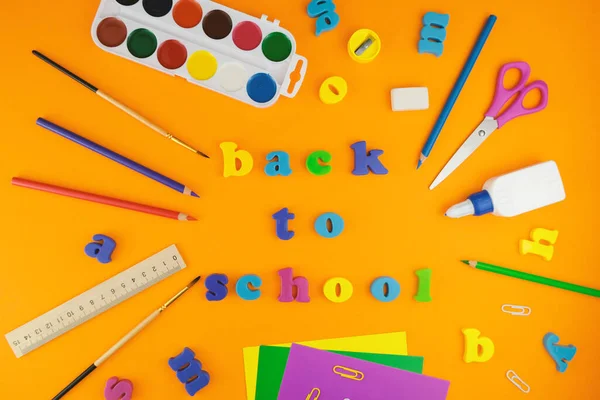 Set School Supplies Orange Background Back School — Stock Photo, Image