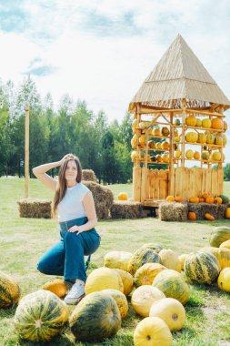 Çeşitli balkabaklarının yanında çömelmiş bir kadın ahşap yapılı çimen tarlasında sergileniyor.