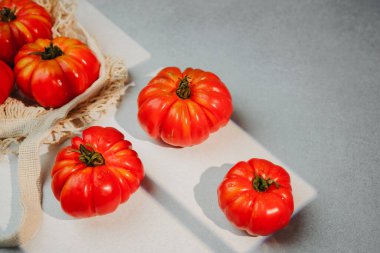Kırsal bir torbada olgun kırmızı aile yadigarı domatesler ve gölgeli desenli gri bir yüzeye saçılmış..