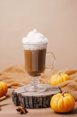 Sıcak baharatlı içecek, çırpılmış krema ile ağaç diliminde, mini balkabağı ve tarçın.