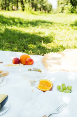 Meyve ve peynirli beyaz piknik battaniyesi yaz yemeği, organik gıda ve tatil rahatlama kavramları için meyve bahçesinde