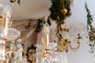 Kristaller ve yeşilliklerle süslenmiş altın avize zarif ortam ortamını güçlendirir..