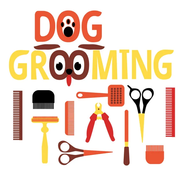 A set of tools for grooming. Flat design. Colorful colors. Humorous form. Lettering. — Stock Vector