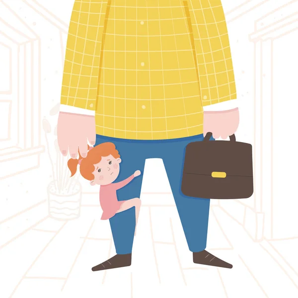 Illustration of a child does not let go of his father to work — Stock Vector