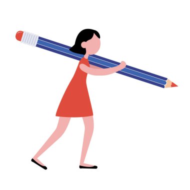 Büyük bir kalemle vektör kız. İş veya çalışma yapmak için gider.