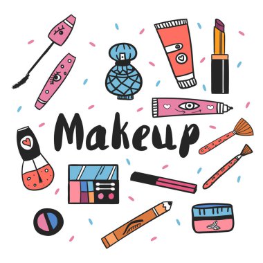El çizilmiş kozmetik seti. Illüstrasyon