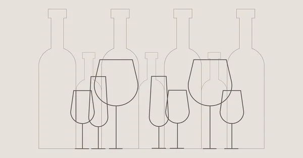 Ilustracja butelek wina i kieliszków do wina w stylu konspektu. — Wektor stockowy