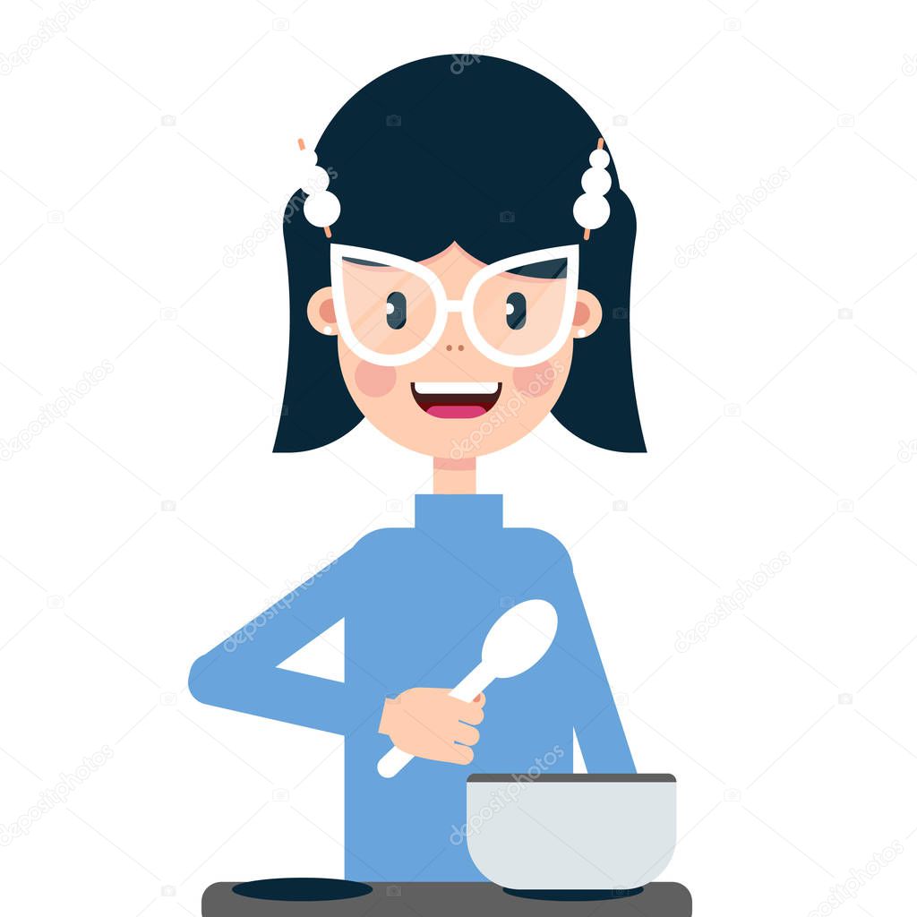 Illustration of a girl preparing food on an induction stove