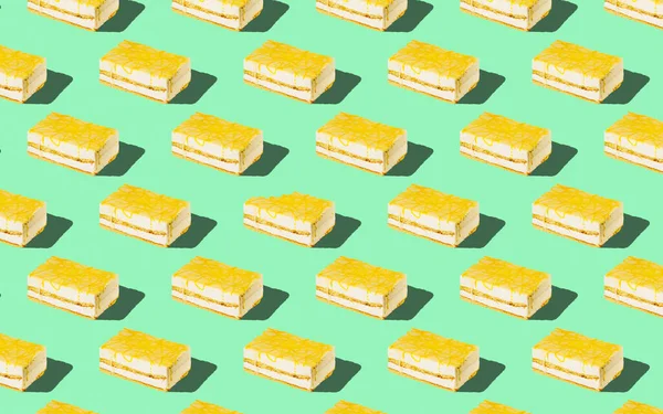 Trendy seamless food pattern - layered sponge cakes with harsh shadows on a pastel background, minimal food isometric concept texture.