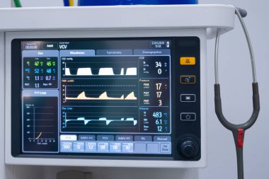 Hastanedeki ameliyathanedeki hayati göstergeler monitörü. Nabız oksimetri ölçümü için hayati göstergeler monitörü, invazif olmayan kan basıncı, sıcaklık, EtCo2, solunum ve daha fazlası için kullanılır..