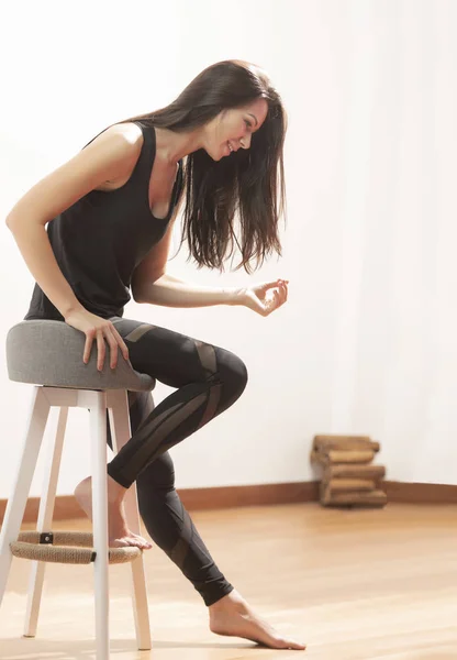 Portrait Beautiful Long Haired Beautiful Pilates Yoga Athlete Sitting Stool — Stock Photo, Image