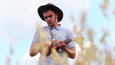 Ukulele çalan bir adam. Mavi Gök Altında Eğlence Şarkıcısı ve Gitarist ve Buğday Çayırı. Mutluluk duygusu ve iyi titreşimler. Şevk ve yetenek bir şarkıcı ve gitarist olarak eğlenceli ve rahat bir ortamda.
