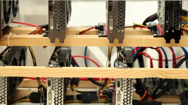 Profesyonel bir video kartı ve Bitcoin madenciliği. Profesyonel bir Bitcoin madencilik çiftliği. Bitcoin madencilik donanımı teknolojisi. Kripto para birimi video kart çiftliği. GPU kripto madencilik işi. engelleme teknolojisi.