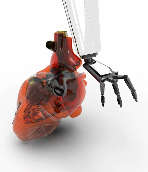 Human heart 3d model with a robot hand 3d rendering — Stock Photo, Image