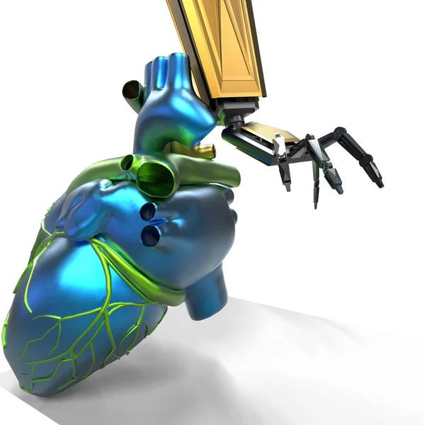 Human heart 3d model with a robot hand 3d rendering — Stock Photo, Image