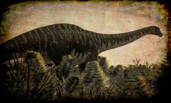 Enorme Diplodocus Zone Umide Tramonto Illustrazione — Foto Stock