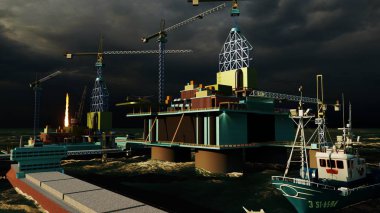 Açık deniz petrol platformu ve güzel gökyüzü