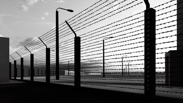 fence with barbed wire 3d rendering