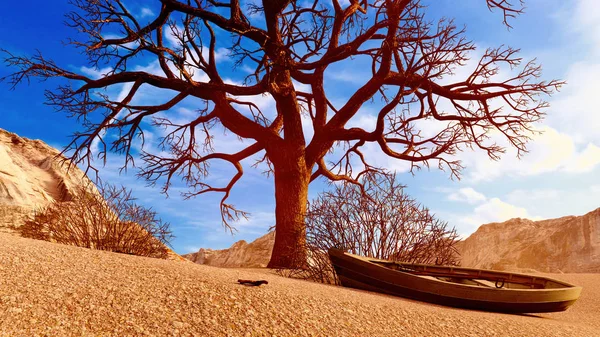 Solitary dead tree in desert 3d illustration — Stock Photo, Image