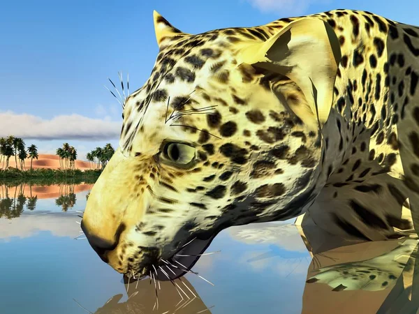 Grande leopardo no lago ilustração 3d — Fotografia de Stock