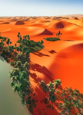 Afrika 'da vaha yakınlarındaki palmiye ağaçları 3 boyutlu görüntüleme