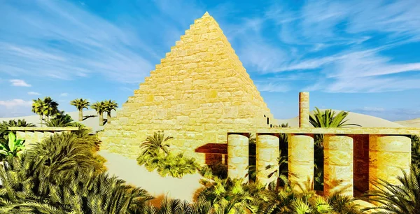 Pyramid bij Sahara Oasis 3D rendering — Stockfoto