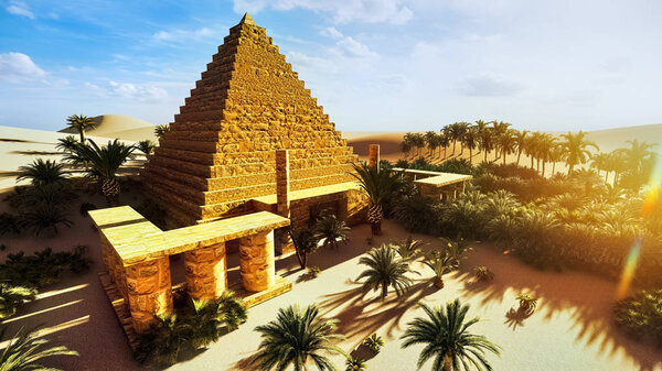 Pyramid at Sahara oasis 3d rendering
