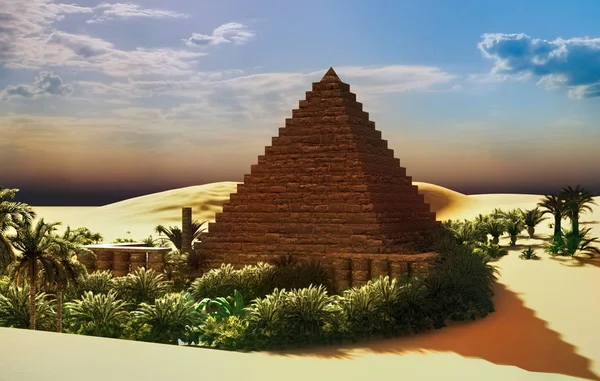 金字塔在撒哈拉绿洲3D渲染 — 图库照片