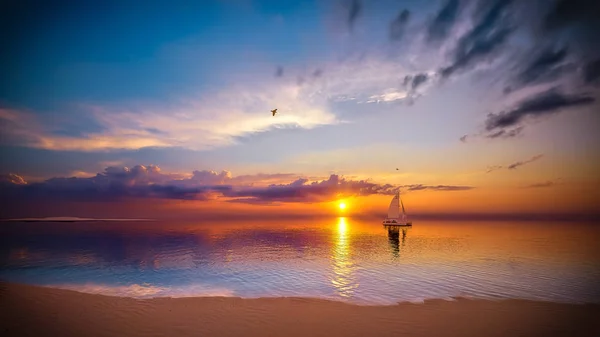 Sunrise in Caribbean with catamaran in front of view 3d rendering — Stock Photo, Image