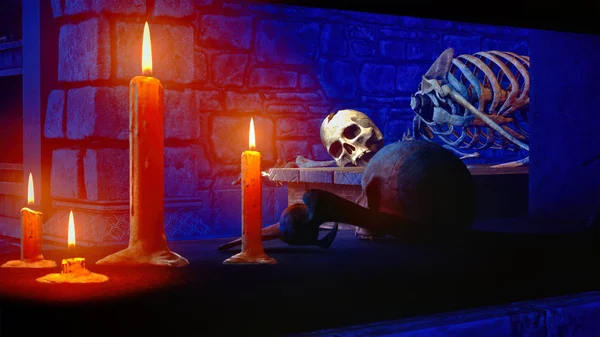 Esqueleto humano en la mazmorra medieval 3d renderizado — Foto de Stock