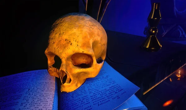 Human skull on old open book 3d rendering — Stock Photo, Image