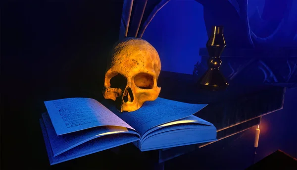Menschlicher Schädel auf alten aufgeschlagenen Buch 3D-Rendering — Stockfoto