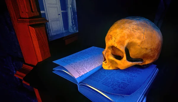 Human skull on old open book 3d rendering — Stock Photo, Image