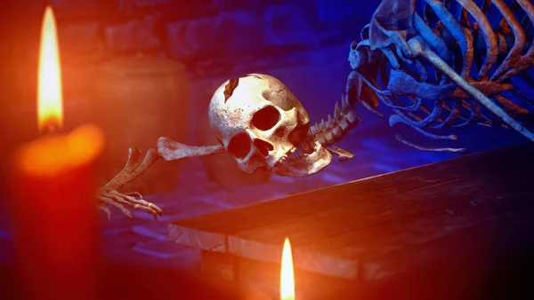 Esqueleto humano na masmorra medieval 3d renderização — Fotografia de Stock