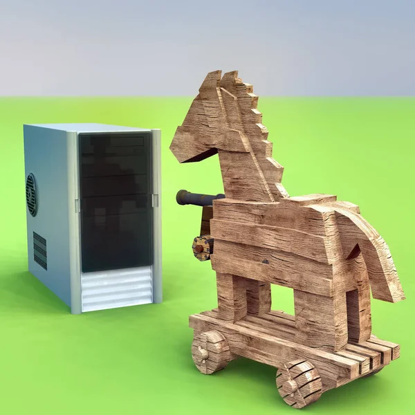 Троянский конь и компьютер 3D рендеринг — стоковое фото