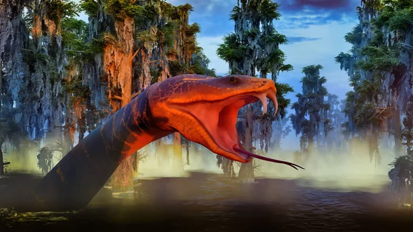 光秃秃的柏树3D渲染的沼泽中的蛇 — 图库照片