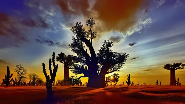 Awesome baobabs in African savannah 3d rendering — Stock Photo, Image