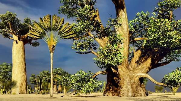 令人敬畏的猴面包树在非洲大草原 3d 渲染 — 图库照片