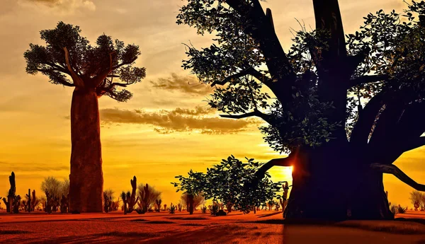 Awesome baobabs in African savannah 3d rendering — Stock Photo, Image