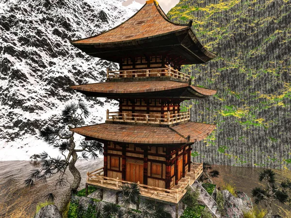 Temple solaire - Sanctuaire bouddhiste dans l'Himalaya rendu 3d — Photo