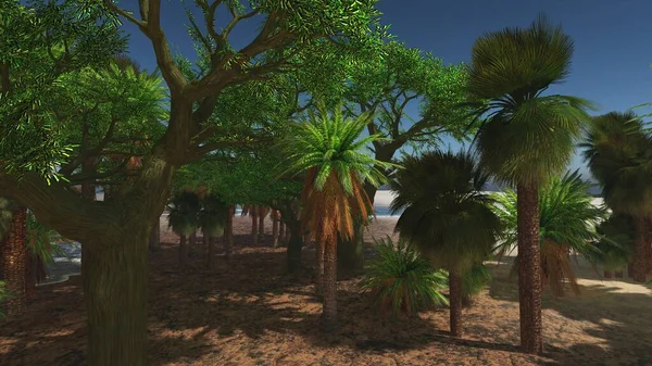 Palmen op het tropische strand 3d rendering — Stockfoto