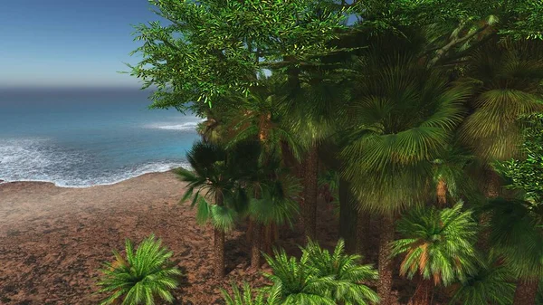 Palmen op het tropische strand 3d rendering — Stockfoto