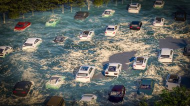 Tsunami 3D görüntülemesinin yol açtığı sel baskını sırasında yol taşmış.