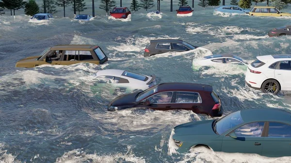 Carretera inundada durante una inundación causada por fuertes lluvias 3d renderizado Imagen De Stock